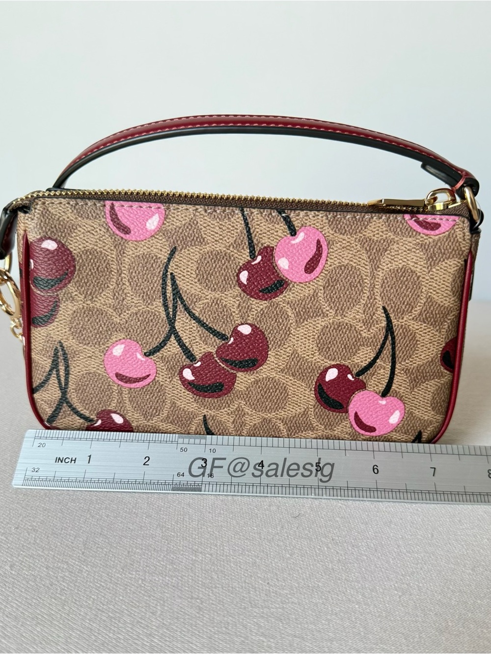NWT Coach Nolita 19 Cherry Print Wristlet Small Bag Tan/Gold + Chain Extender - Picture 8 of 10